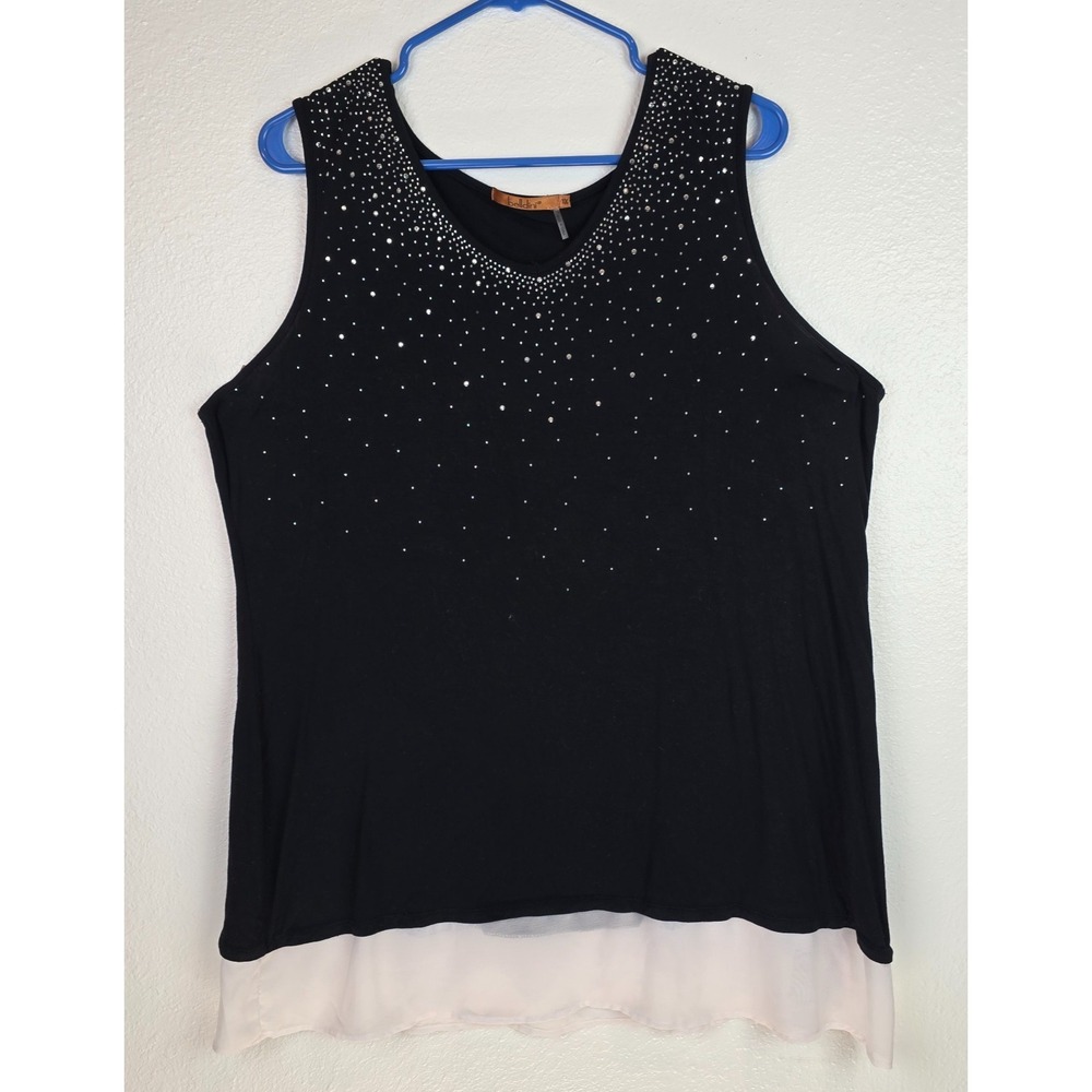 Beldini Black Rhinestone Sleeveless Blouse Sparkle Layered Hem Plus Size 1x
